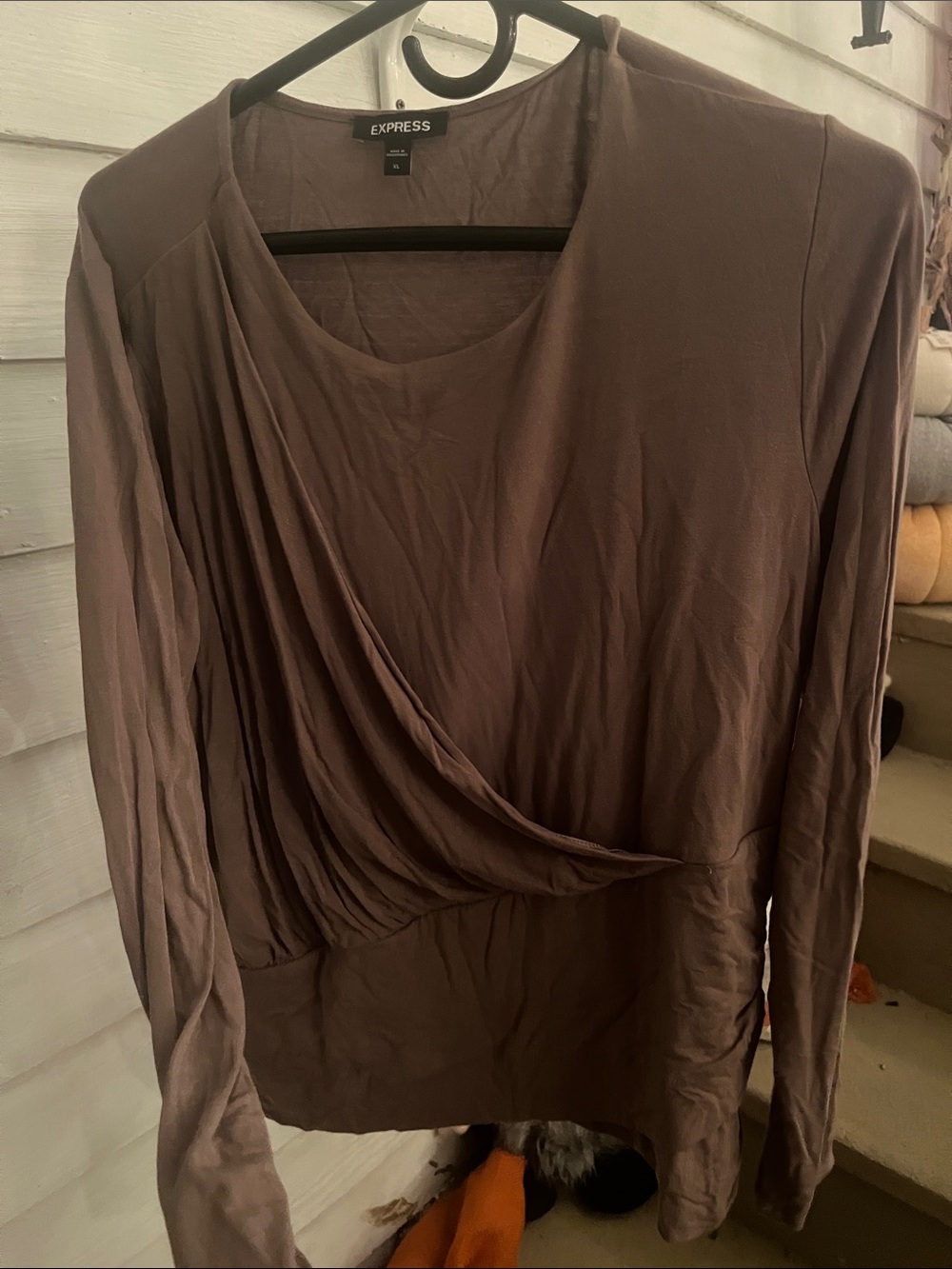 Express Brown Long Sleeve Draped Cross-Front Top